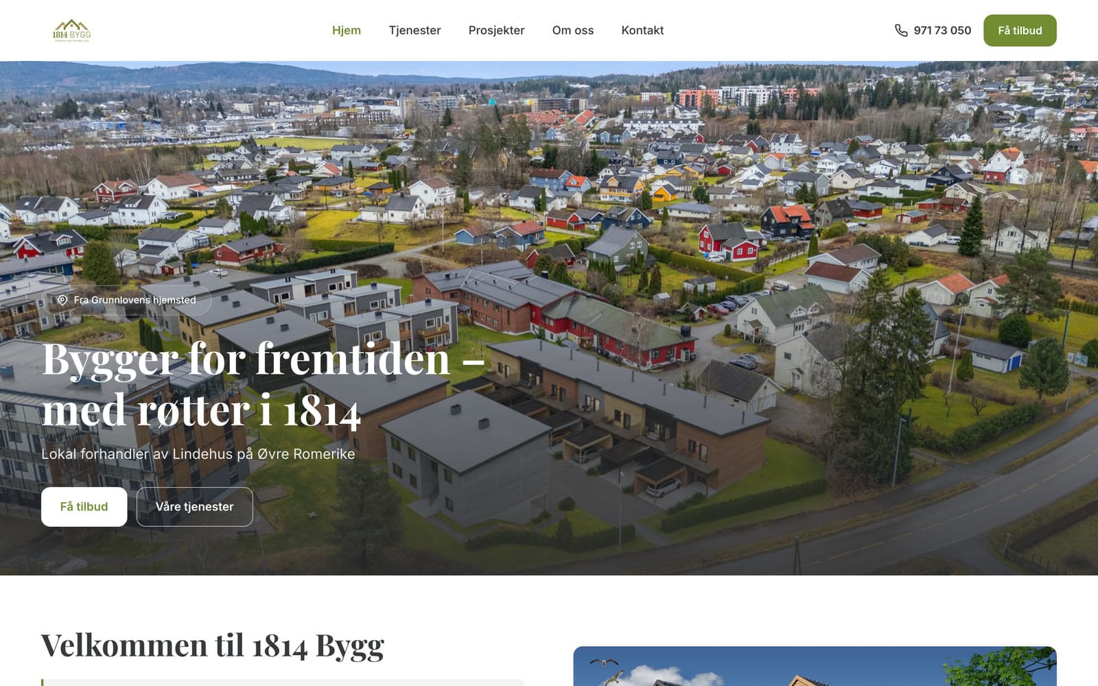 Forsiden til 1814 Bygg AS, med flyfoto av et boligfelt